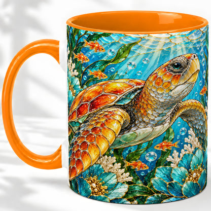 #pl[11oz|Orange] Sea Turtle Floral Accent Mug, Ceramic Drinkware for Turtle Lovers