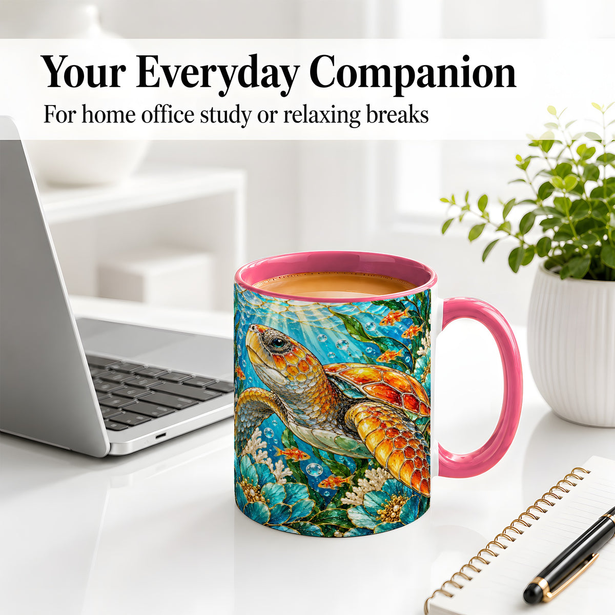 #pl[11oz|Pink] Sea Turtle Floral Accent Mug, Ceramic Drinkware for Turtle Lovers