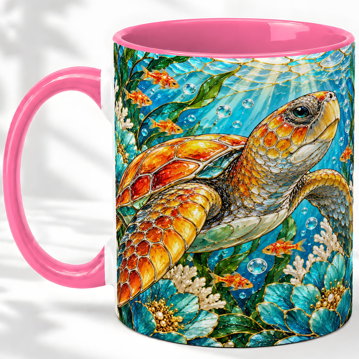 #pl[11oz|Pink] Sea Turtle Floral Accent Mug, Ceramic Drinkware for Turtle Lovers