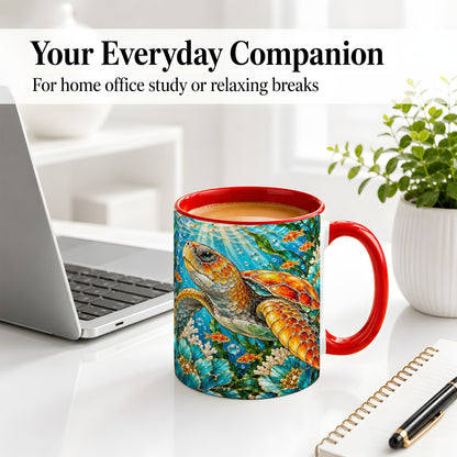 #pl[11oz|Red] Sea Turtle Floral Accent Mug, Ceramic Drinkware for Turtle Lovers