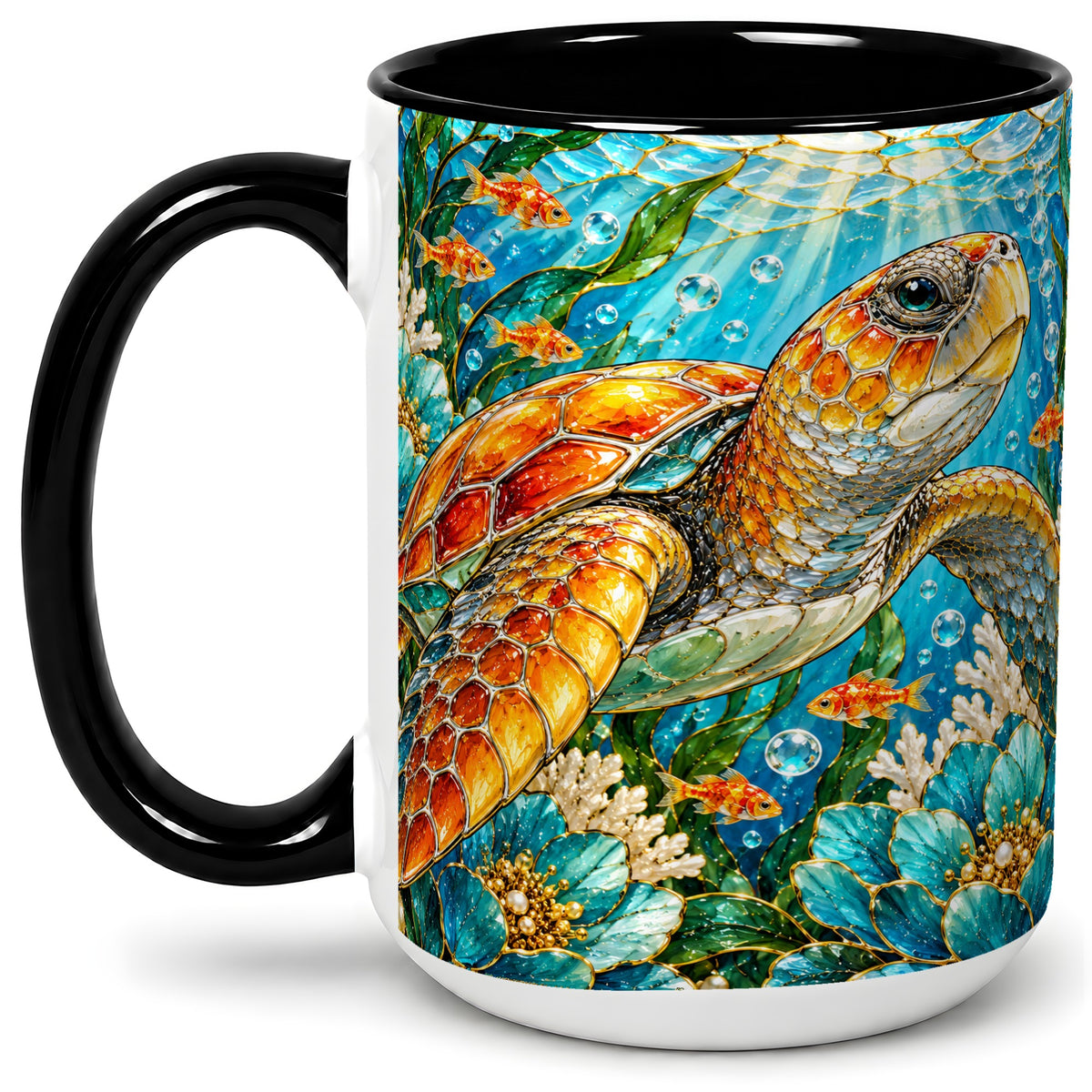 #pl[15oz|Black] Sea Turtle Floral Accent Mug, Ceramic Drinkware for Turtle Lovers
