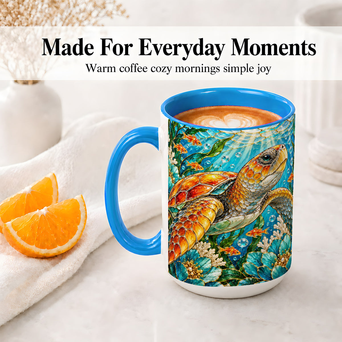 #pl[15oz|Blue] Sea Turtle Floral Accent Mug, Ceramic Drinkware for Turtle Lovers