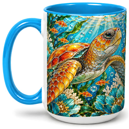 #pl[15oz|Blue] Sea Turtle Floral Accent Mug, Ceramic Drinkware for Turtle Lovers