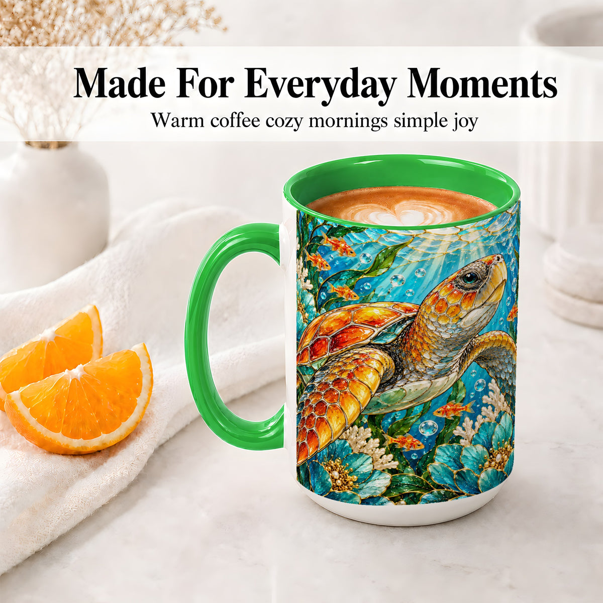 #pl[15oz|Green] Sea Turtle Floral Accent Mug, Ceramic Drinkware for Turtle Lovers