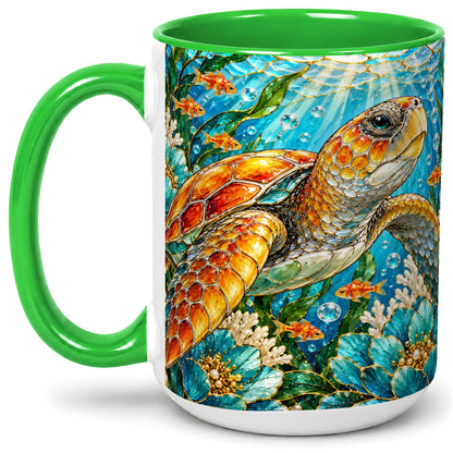 #pl[15oz|Green] Sea Turtle Floral Accent Mug, Ceramic Drinkware for Turtle Lovers