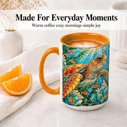 #pl[15oz|Orange] Sea Turtle Floral Accent Mug, Ceramic Drinkware for Turtle Lovers