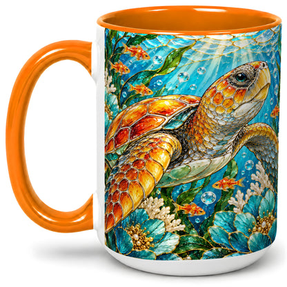 #pl[15oz|Orange] Sea Turtle Floral Accent Mug, Ceramic Drinkware for Turtle Lovers