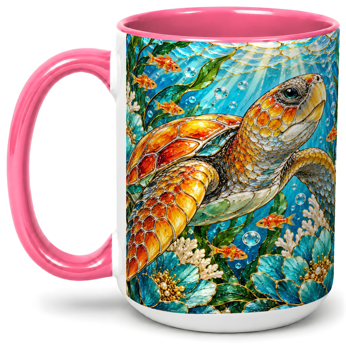 #pl[15oz|Pink] Sea Turtle Floral Accent Mug, Ceramic Drinkware for Turtle Lovers