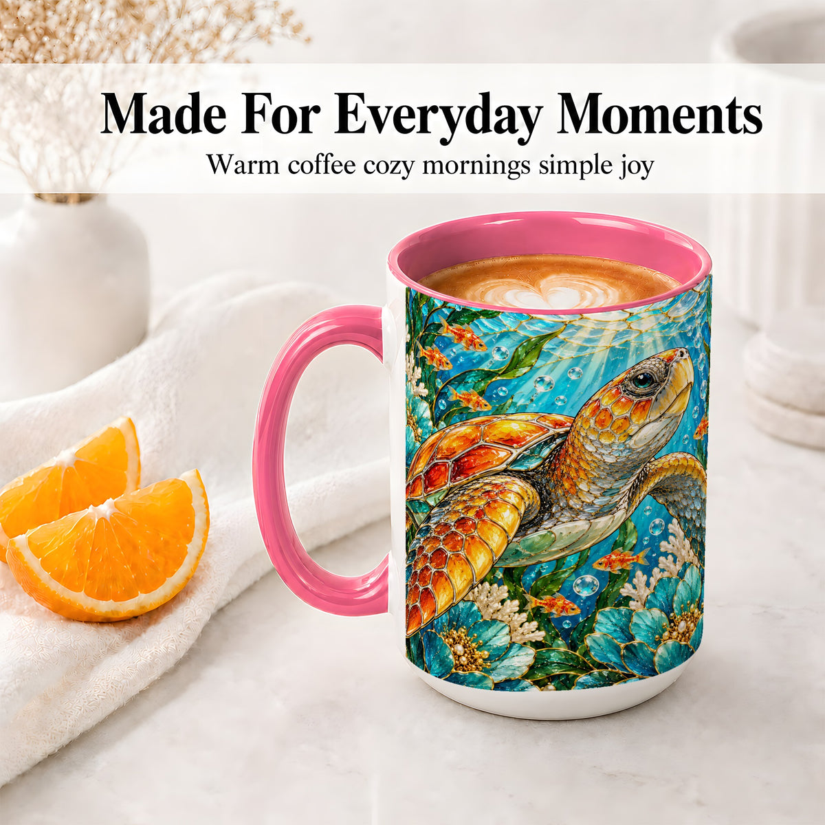 #pl[15oz|Pink] Sea Turtle Floral Accent Mug, Ceramic Drinkware for Turtle Lovers