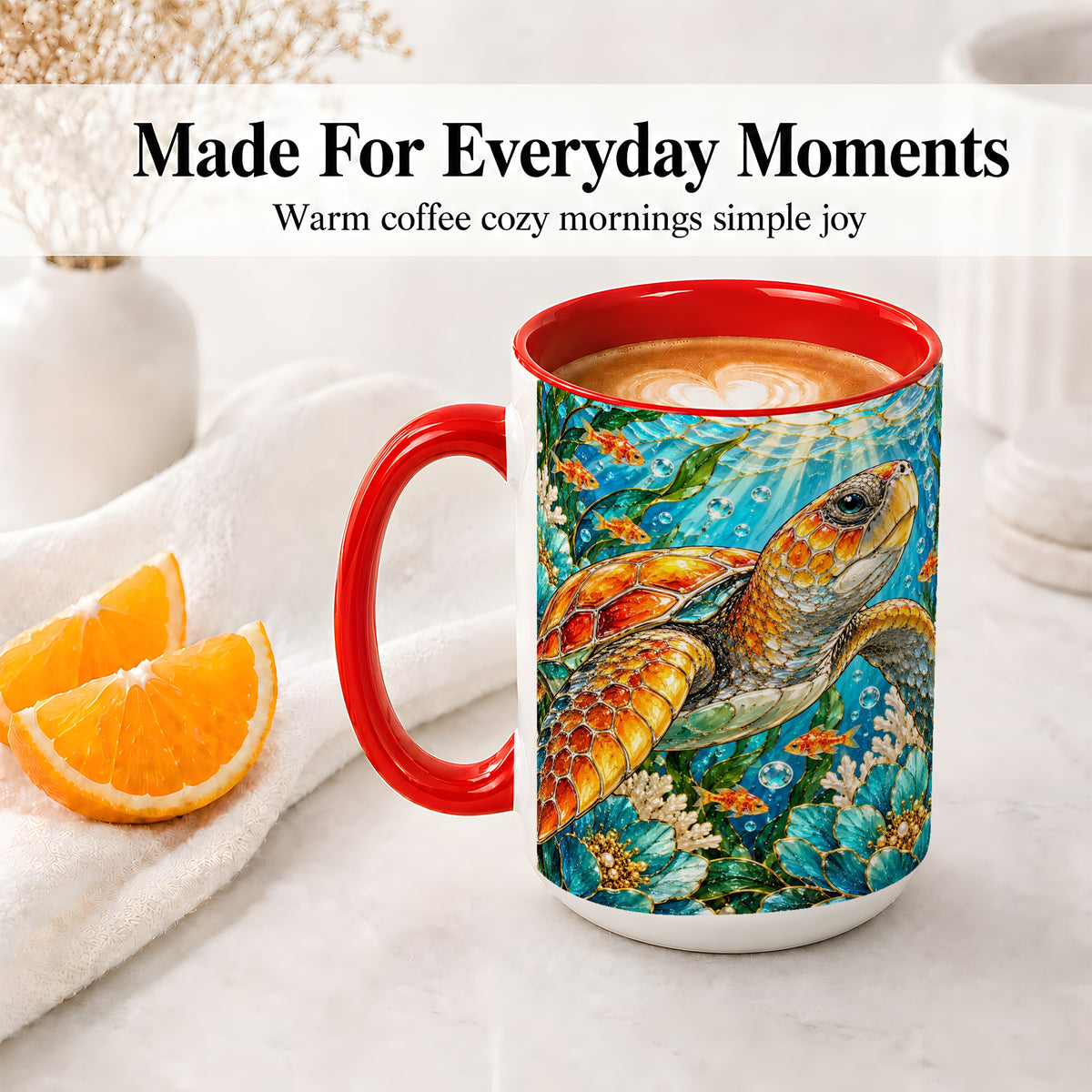#pl[15oz|Red] Sea Turtle Floral Accent Mug, Ceramic Drinkware for Turtle Lovers