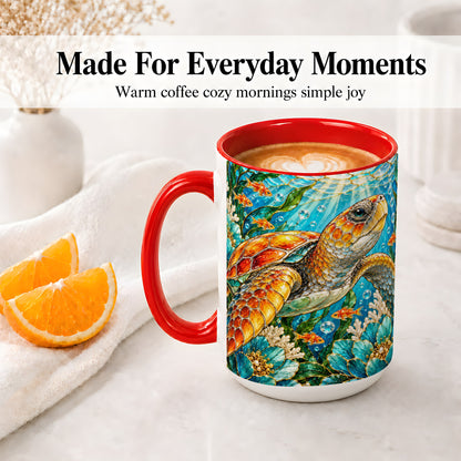 #pl[15oz|Red] Sea Turtle Floral Accent Mug, Ceramic Drinkware for Turtle Lovers