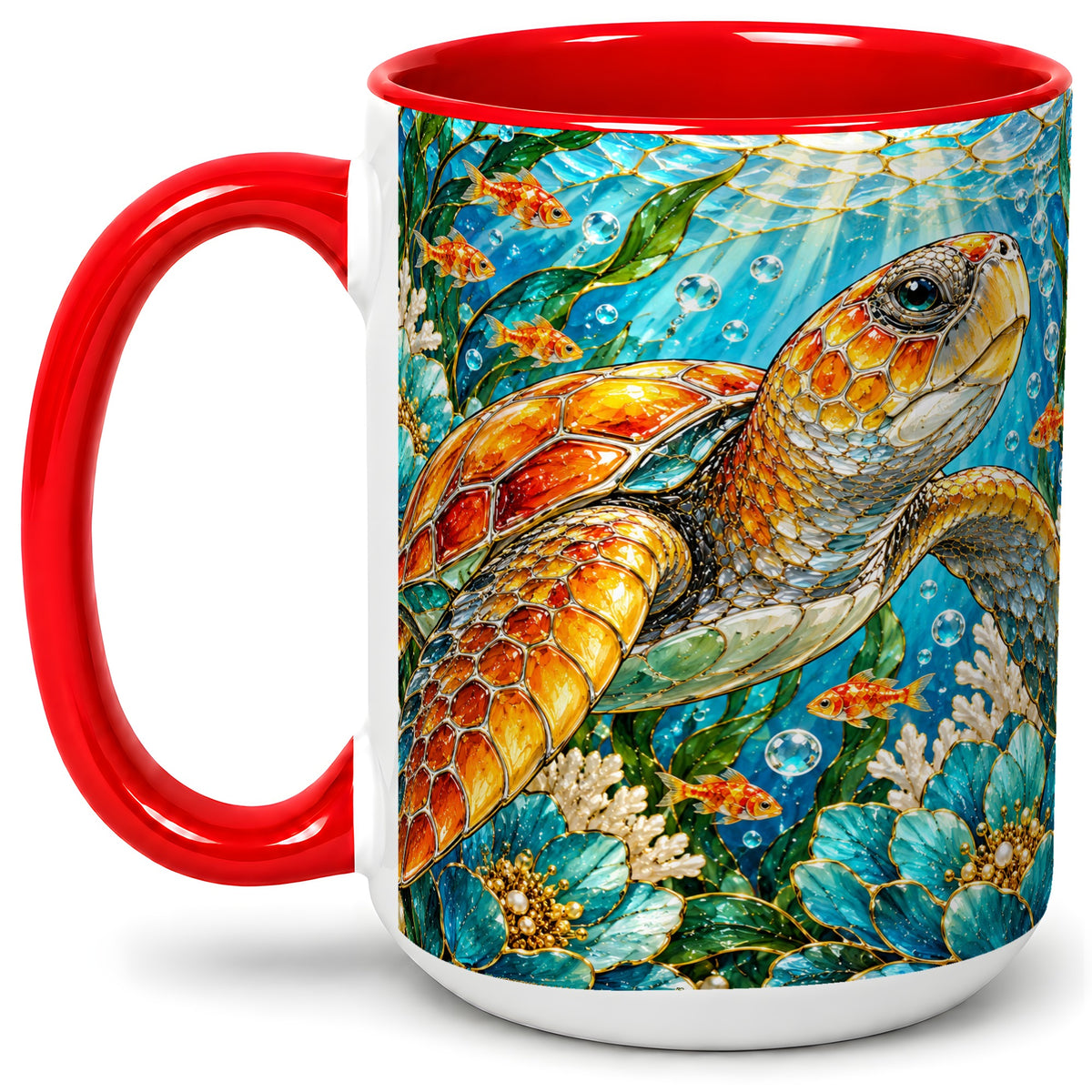 #pl[15oz|Red] Sea Turtle Floral Accent Mug, Ceramic Drinkware for Turtle Lovers