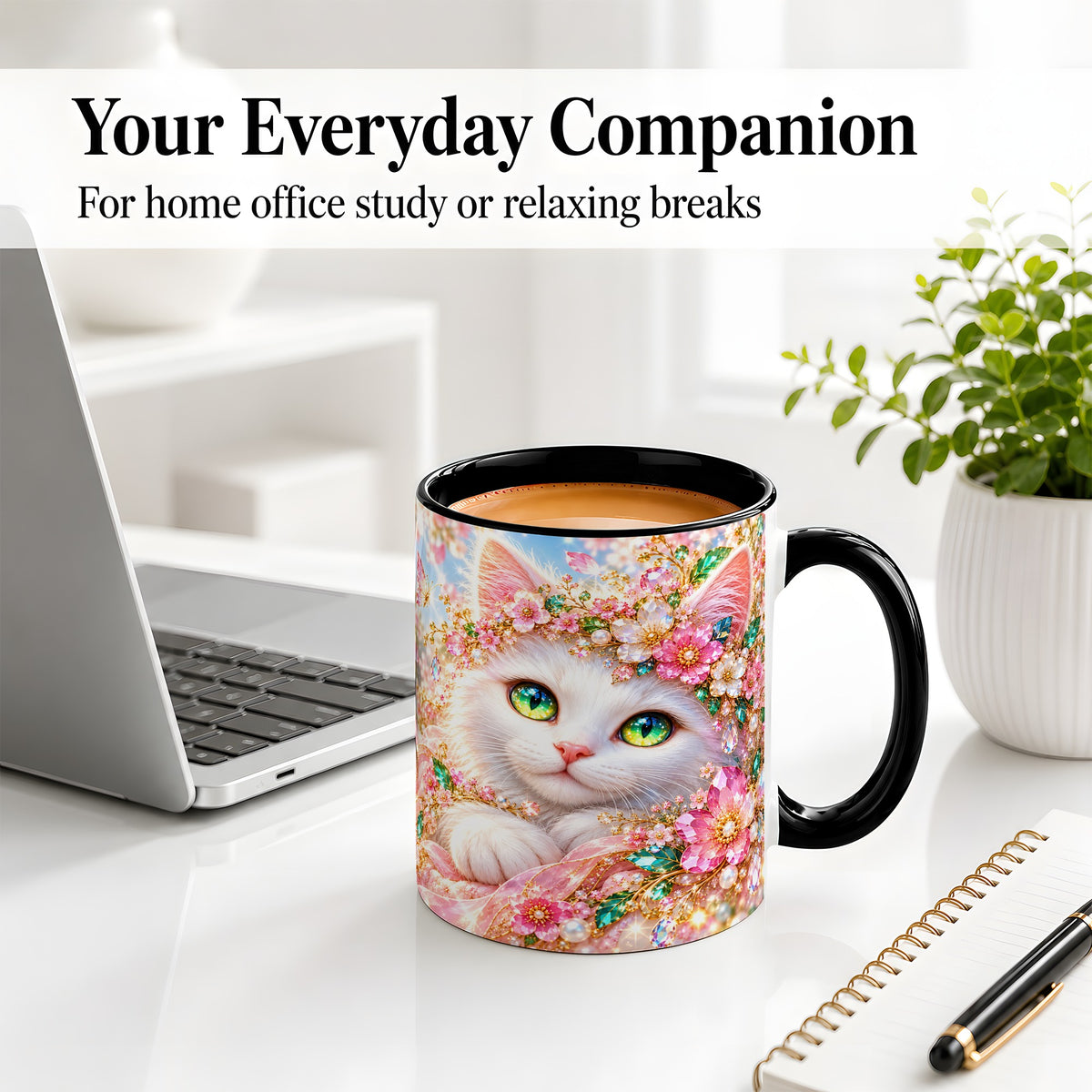 #pl[11oz|Black] White Cat Floral Accent Mug, Ceramic Drinkware for Cat Lovers