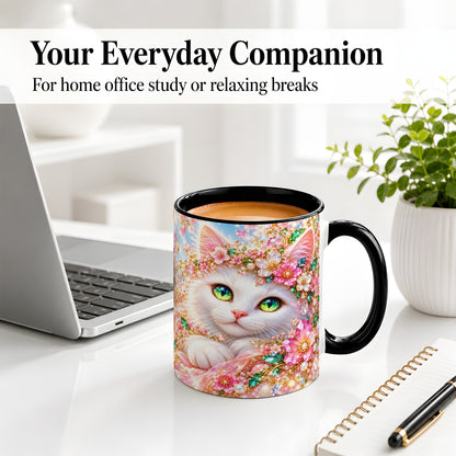 #pl[11oz|Black] White Cat Floral Accent Mug, Ceramic Drinkware for Cat Lovers