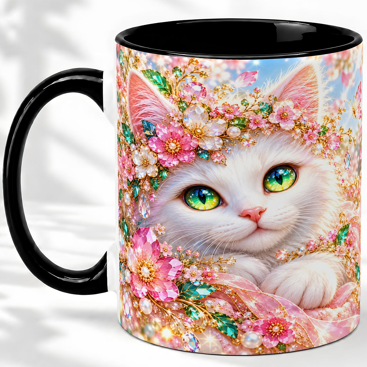#pl[11oz|Black] White Cat Floral Accent Mug, Ceramic Drinkware for Cat Lovers