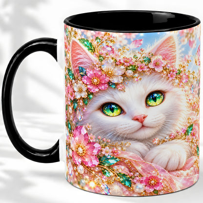 #pl[11oz|Black] White Cat Floral Accent Mug, Ceramic Drinkware for Cat Lovers