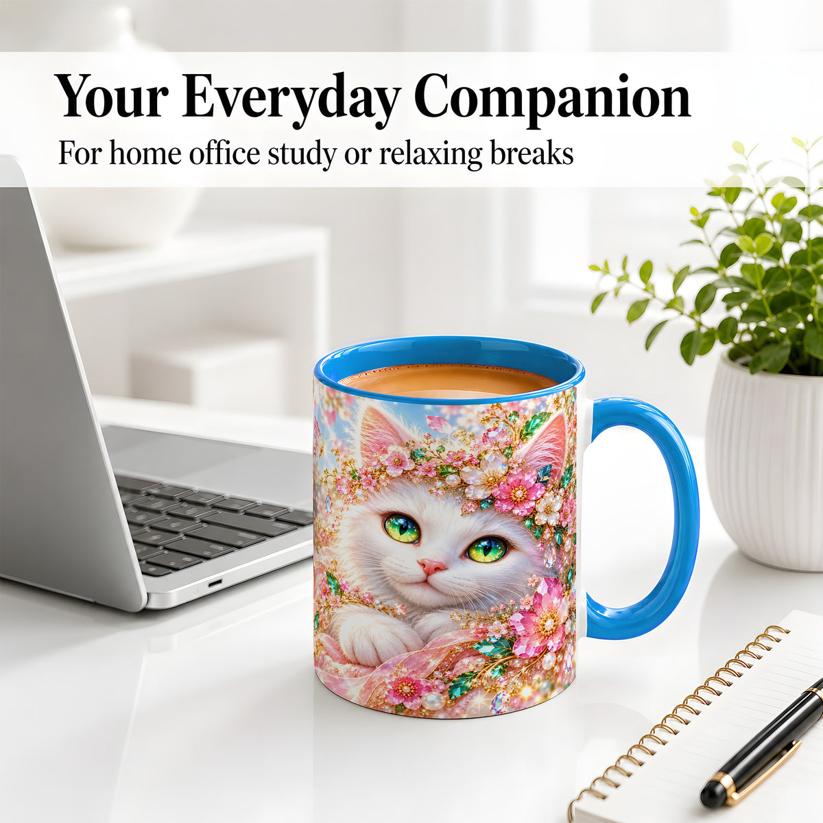 #pl[11oz|Blue] White Cat Floral Accent Mug, Ceramic Drinkware for Cat Lovers