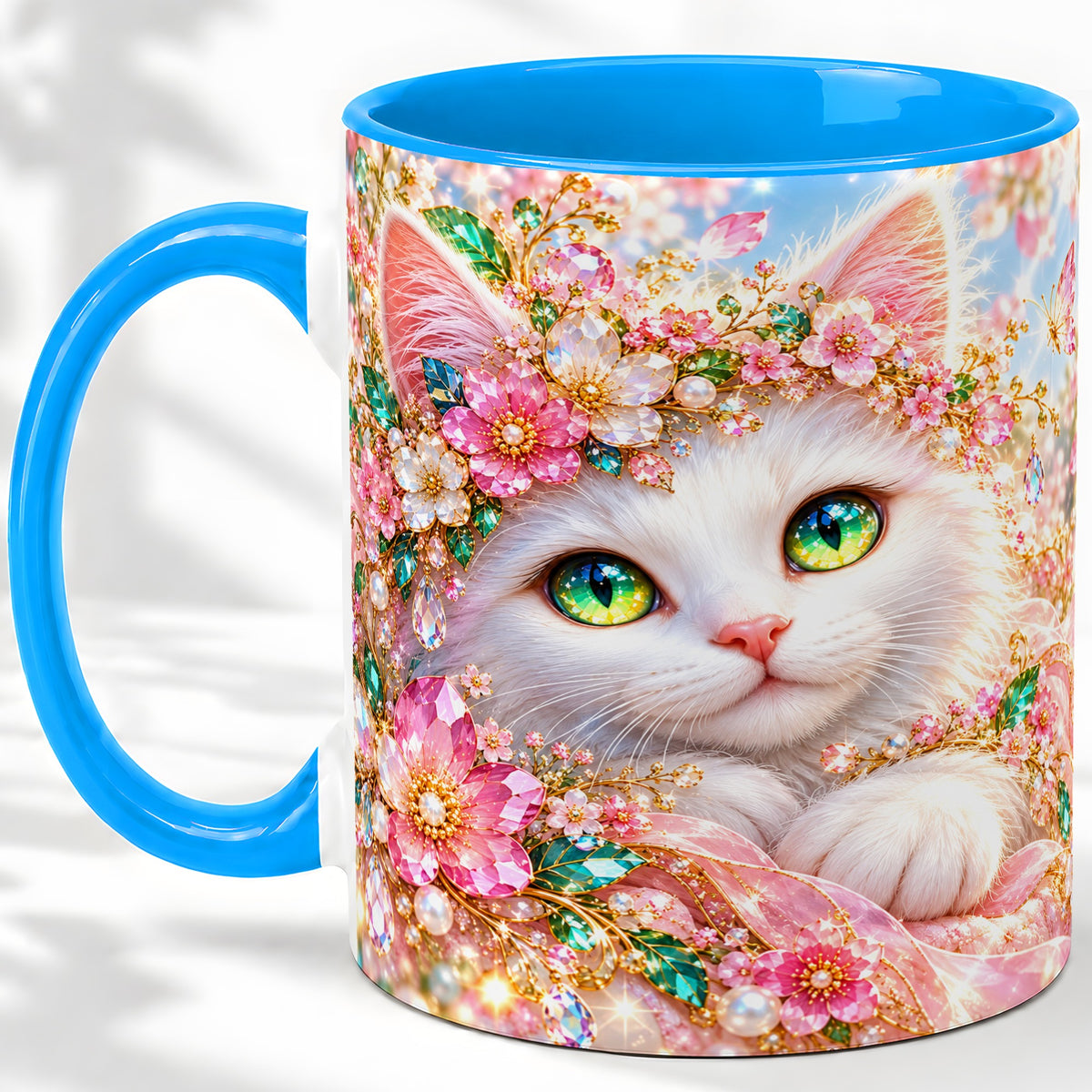 #pl[11oz|Blue] White Cat Floral Accent Mug, Ceramic Drinkware for Cat Lovers