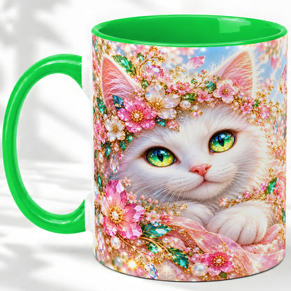 #pl[11oz|Green] White Cat Floral Accent Mug, Ceramic Drinkware for Cat Lovers