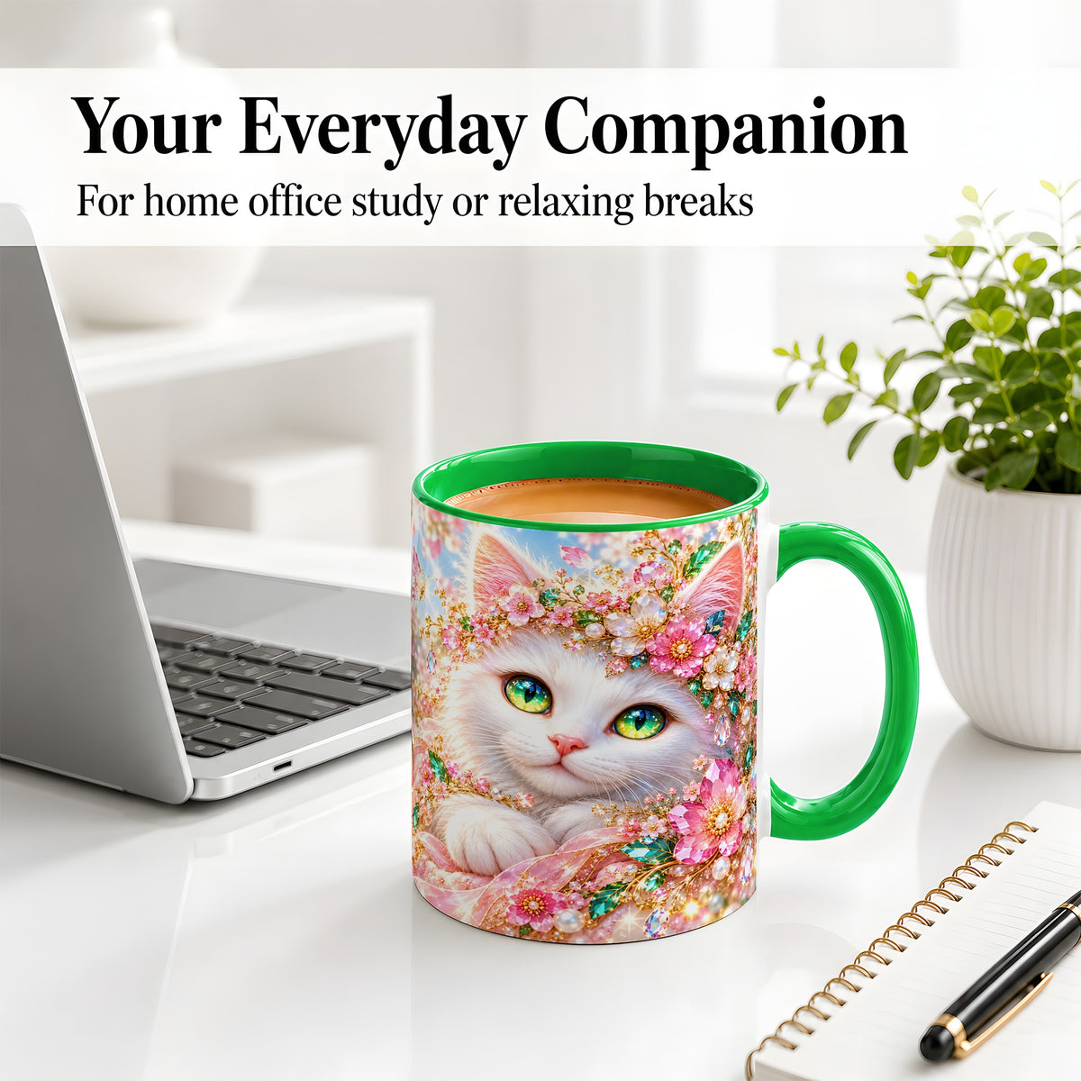 #pl[11oz|Green] White Cat Floral Accent Mug, Ceramic Drinkware for Cat Lovers