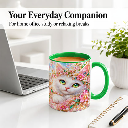 #pl[11oz|Green] White Cat Floral Accent Mug, Ceramic Drinkware for Cat Lovers