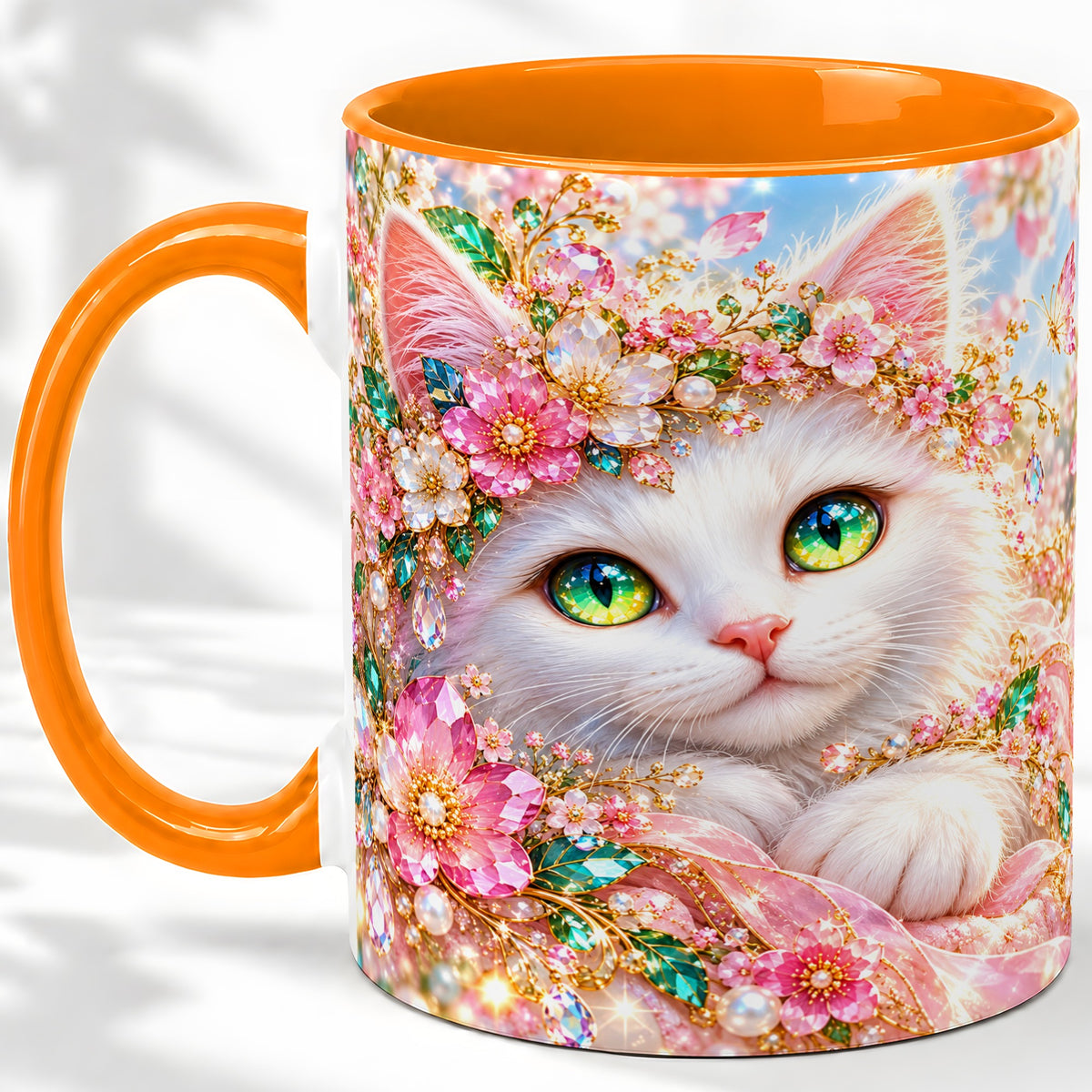 #pl[11oz|Orange] White Cat Floral Accent Mug, Ceramic Drinkware for Cat Lovers
