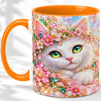 #pl[11oz|Orange] White Cat Floral Accent Mug, Ceramic Drinkware for Cat Lovers