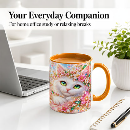 #pl[11oz|Orange] White Cat Floral Accent Mug, Ceramic Drinkware for Cat Lovers