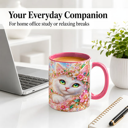 #pl[11oz|Pink] White Cat Floral Accent Mug, Ceramic Drinkware for Cat Lovers