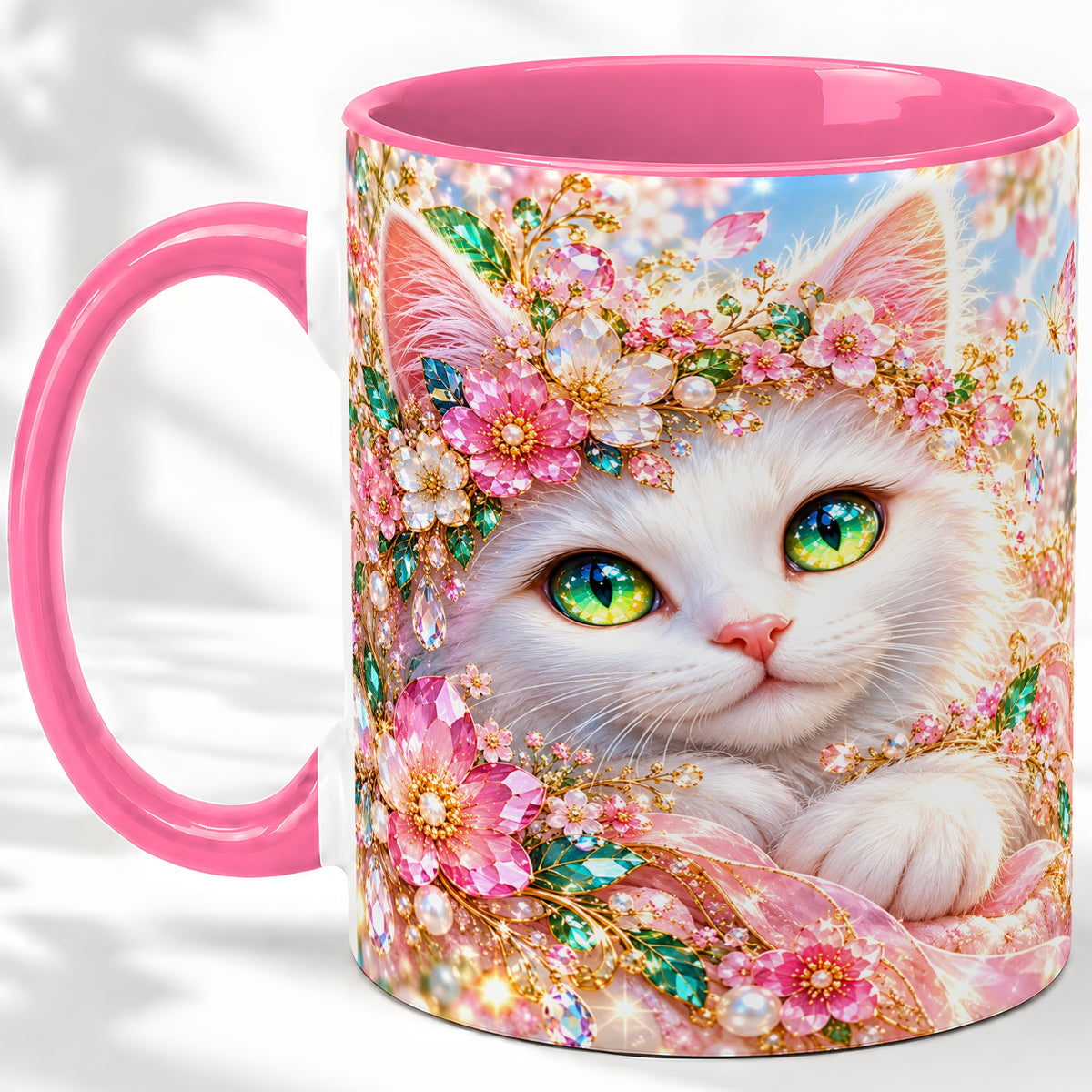 #pl[11oz|Pink] White Cat Floral Accent Mug, Ceramic Drinkware for Cat Lovers