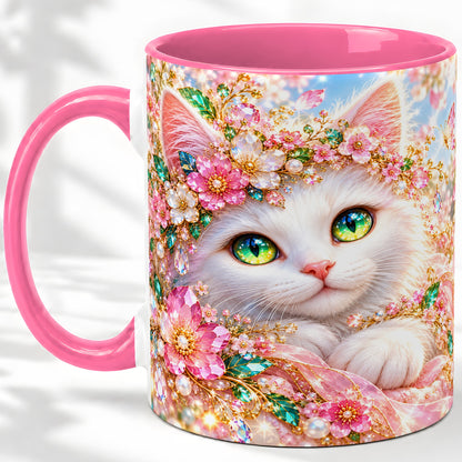 #pl[11oz|Pink] White Cat Floral Accent Mug, Ceramic Drinkware for Cat Lovers