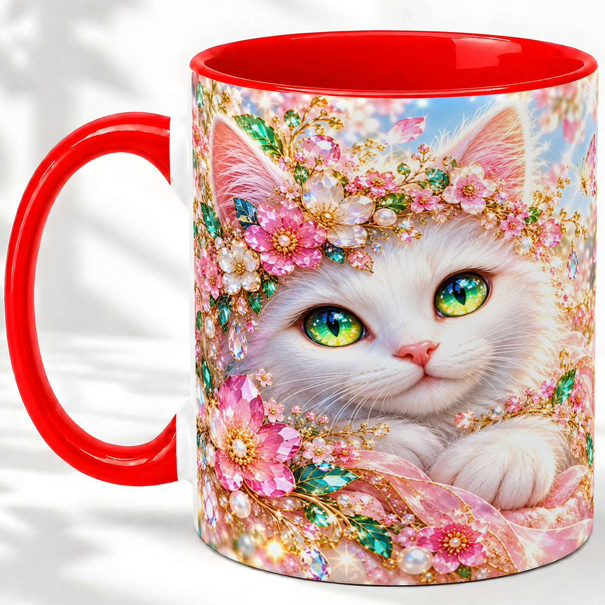 White Cat Floral Accent Mug, Ceramic Drinkware for Cat Lovers