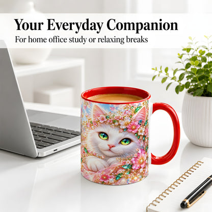 #pl[11oz|Red] White Cat Floral Accent Mug, Ceramic Drinkware for Cat Lovers