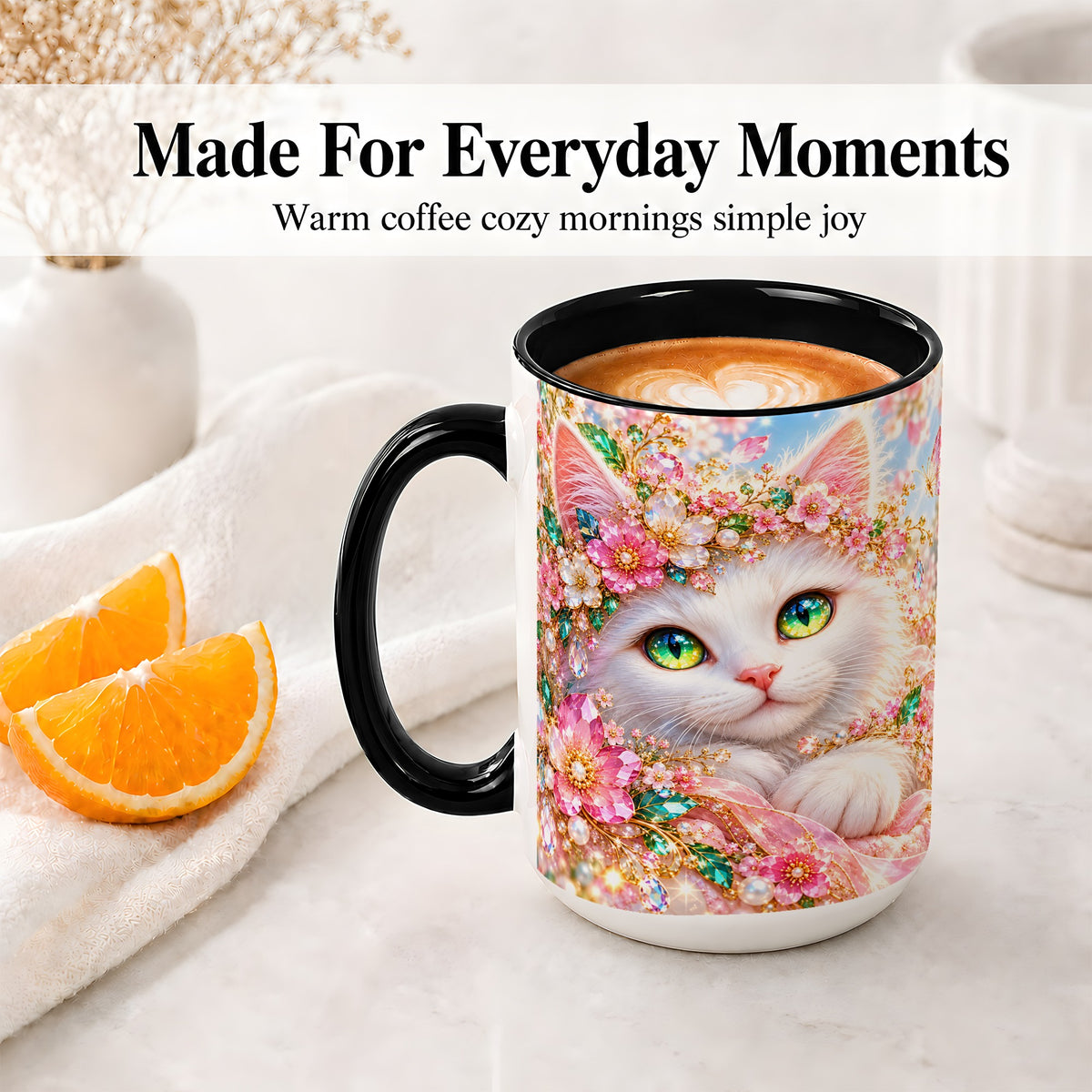 #pl[15oz|Black] White Cat Floral Accent Mug, Ceramic Drinkware for Cat Lovers