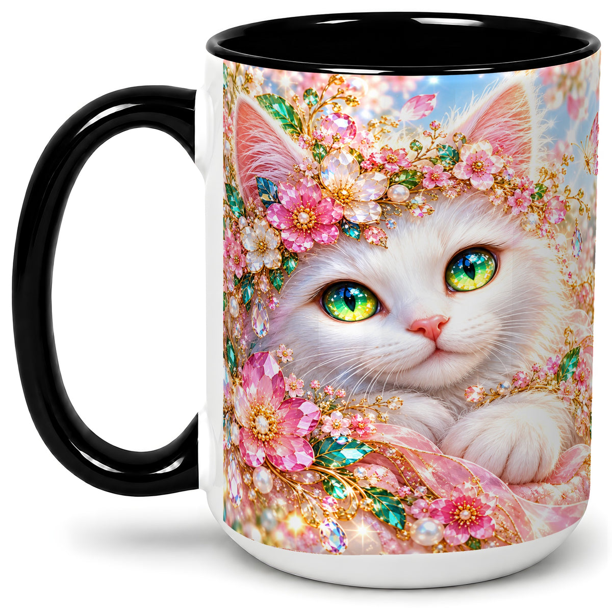 #pl[15oz|Black] White Cat Floral Accent Mug, Ceramic Drinkware for Cat Lovers