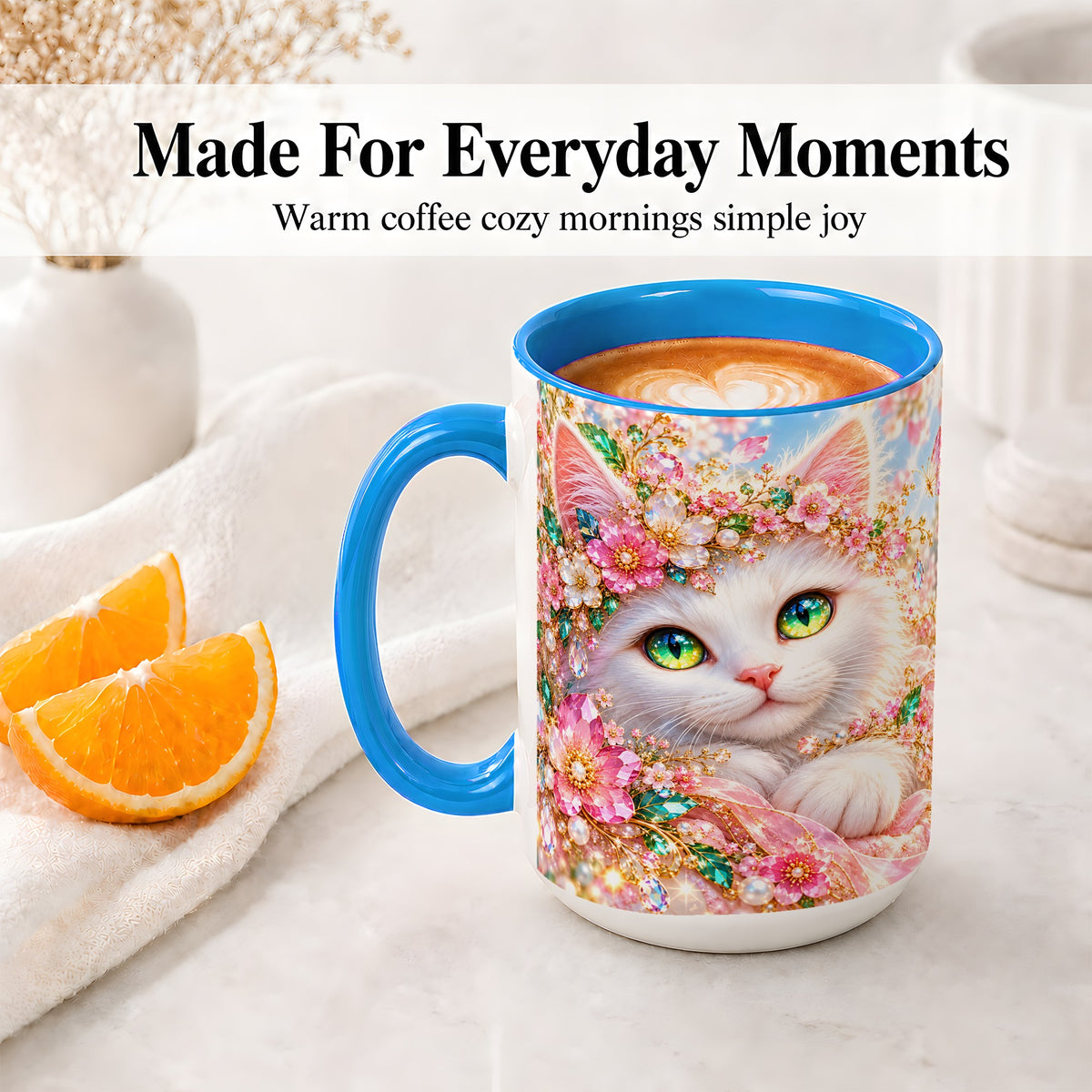 #pl[15oz|Blue] White Cat Floral Accent Mug, Ceramic Drinkware for Cat Lovers