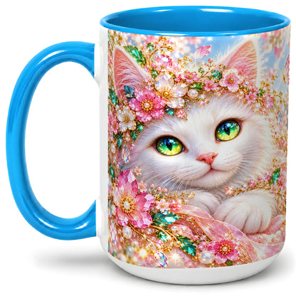 #pl[15oz|Blue] White Cat Floral Accent Mug, Ceramic Drinkware for Cat Lovers