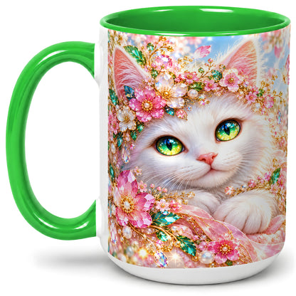 #pl[15oz|Green] White Cat Floral Accent Mug, Ceramic Drinkware for Cat Lovers