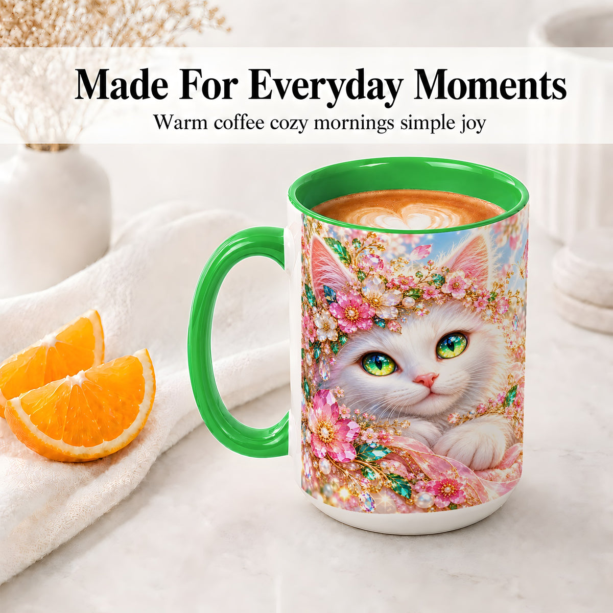 #pl[15oz|Green] White Cat Floral Accent Mug, Ceramic Drinkware for Cat Lovers