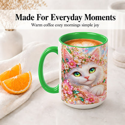 #pl[15oz|Green] White Cat Floral Accent Mug, Ceramic Drinkware for Cat Lovers