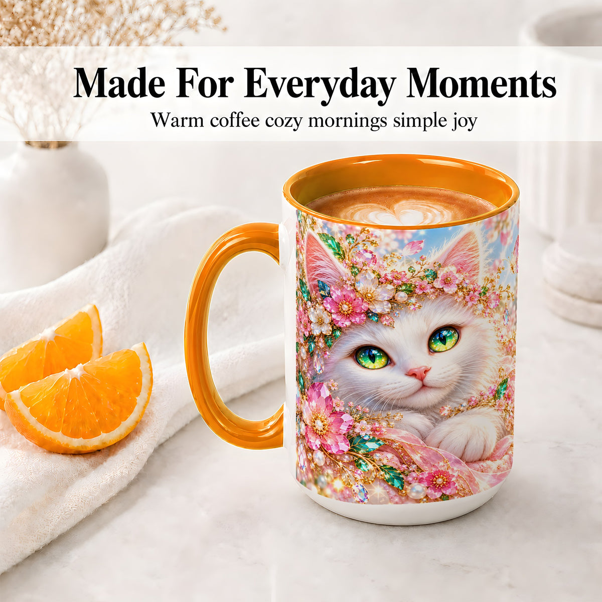 #pl[15oz|Orange] White Cat Floral Accent Mug, Ceramic Drinkware for Cat Lovers