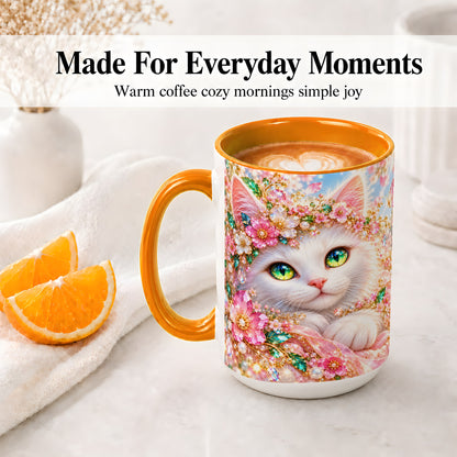 #pl[15oz|Orange] White Cat Floral Accent Mug, Ceramic Drinkware for Cat Lovers