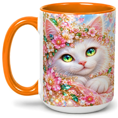 #pl[15oz|Orange] White Cat Floral Accent Mug, Ceramic Drinkware for Cat Lovers