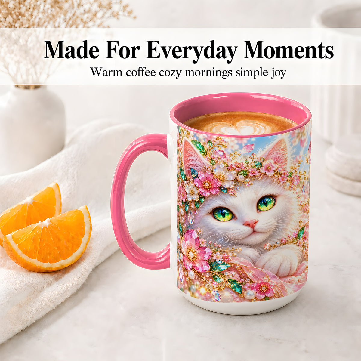 #pl[15oz|Pink] White Cat Floral Accent Mug, Ceramic Drinkware for Cat Lovers