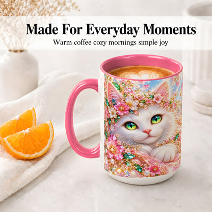 #pl[15oz|Pink] White Cat Floral Accent Mug, Ceramic Drinkware for Cat Lovers