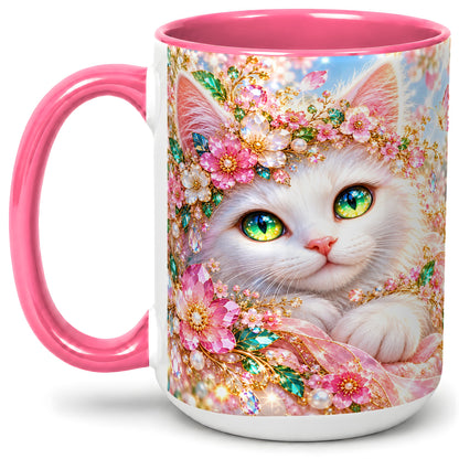 #pl[15oz|Pink] White Cat Floral Accent Mug, Ceramic Drinkware for Cat Lovers