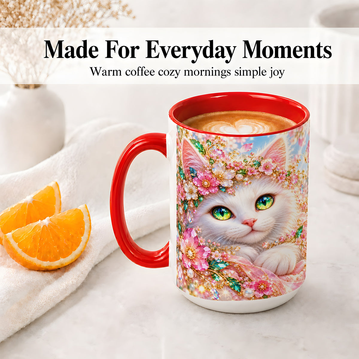 #pl[15oz|Red] White Cat Floral Accent Mug, Ceramic Drinkware for Cat Lovers