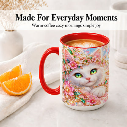 #pl[15oz|Red] White Cat Floral Accent Mug, Ceramic Drinkware for Cat Lovers