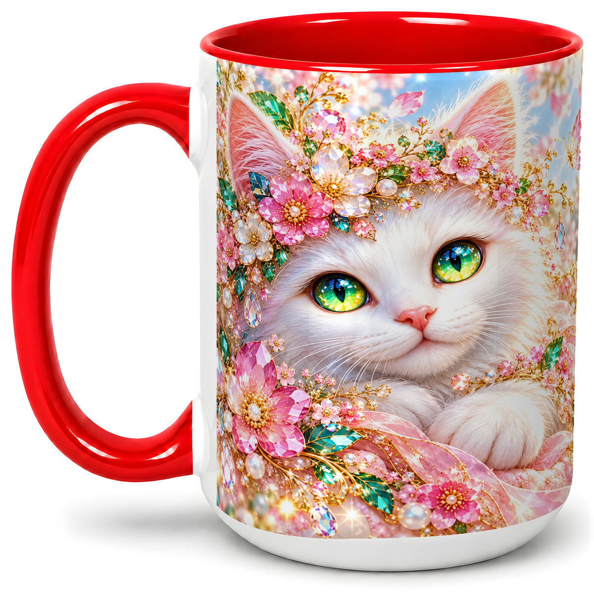 #pl[15oz|Red] White Cat Floral Accent Mug, Ceramic Drinkware for Cat Lovers