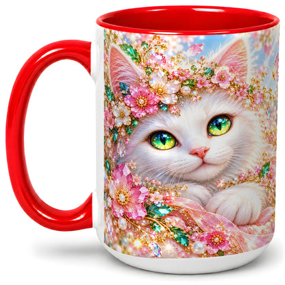 #pl[15oz|Red] White Cat Floral Accent Mug, Ceramic Drinkware for Cat Lovers